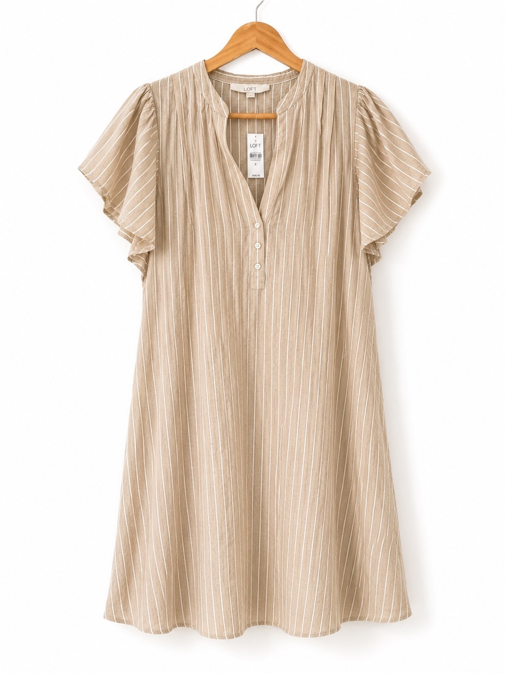 LOFT Beige and White Vertical Stripe Button-Front Dress